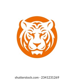 Angry tiger head orange circle monochrome minimalist logo vector flat illustration. Wild dangerous striped predator mascot carnivorous feline animal jungle habitat mammal powerful aggressive creature