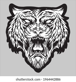 angry tiger head roaring vector illustration black white