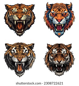 Angry Tiger Head set, vector illustration