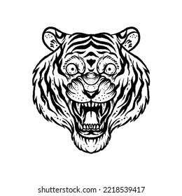 angry tiger head vintage hand drawing , logo element with traditional tattoo style