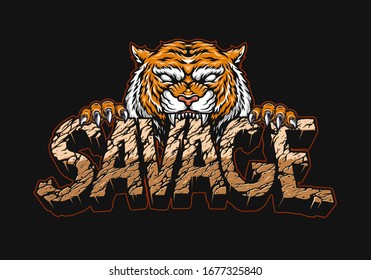 Angry tiger holding Savage lettering with cracked desert sand texture in vintage style isolated vector illustration