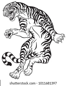 angry tiger in the jump. Black and white tattoo style vector illustration