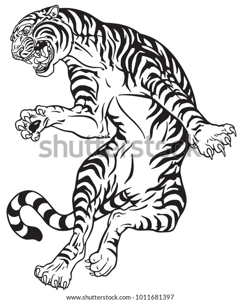 Angry Tiger Jump Black White Tattoo Stock Vector (Royalty Free ...