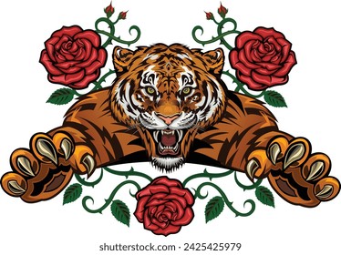 Angry tiger in jump. Color tattoo