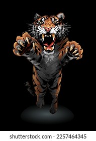 angry tiger jumping out of shadow vector illustration