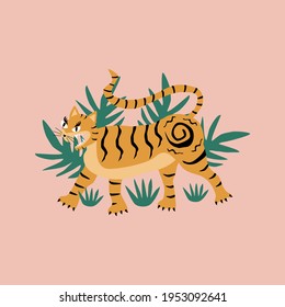Angry tiger and jungle vector illustration. Wild asian tiger. Traditional tattoo art.