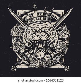 Angry Tigerkönig in kronauthentischem Konzept mit Rosenblumen und Kreuzschwerter in einfarbigem Stil, einzelne Vektorillustration Illustration
