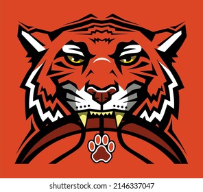 angry tiger mascot biting a basketball for school, college or league