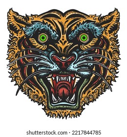 Angry tiger portrait. Aggressive wild cat. Old school tattoo vector art. Hand drawn graphic. Isolated on white. Traditional flash tattooing