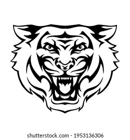 Tigre furioso con la cara de la cabeza. Ilustración vectorial para impresión, afiche, pegatina, logotipo, tatuaje, emblema. Blanco y negro.