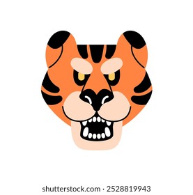 Angry tiger roars. Icon of striped wildcat head with rage on muzzle. Big cat of jungle, rainforest with fangs in open jaw. Wild exotic animal. Flat isolated vector illustration on white background