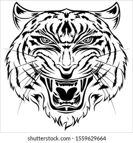 Angry tiger silhouette, ink vector illustration.