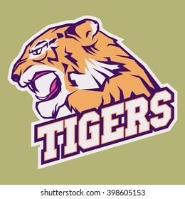 Angry Tiger Sport team emblem, wild big cat head. Aggressive predator with bared teeth in cartoon style, t-shirt print design