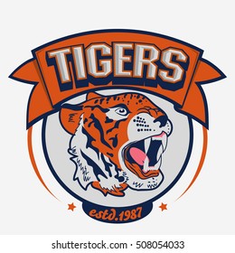 Angry Tiger Sport team emblem, wild big cat head. Cute face of Black Cat. Aggressive cat with bared teeth in cartoon style, t-shirt print design