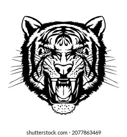 Angry tiger svg cut file. Black and white tiger head vector. Angry tiger head sport mascot logo on a white background. Vector illustration. T-shirt design. Vinyl decal for plotter svg