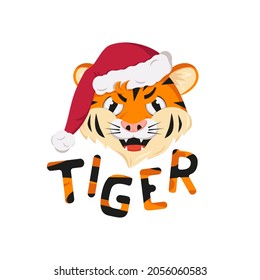Angry tiger, symbol of New Year in red Christmas Santa hat. Wild animals of Africa, face with furious emotion, holiday decoration with orange striped lettering