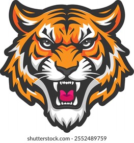 Angry tiger, symbol of warrior and courage with outline. Tiger head logo color icon, patch, print.