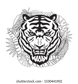 Angry tiger and tropical leaves on a white background.
