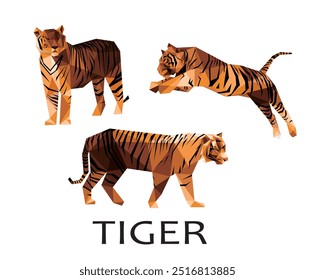 Angry Tiger Vector illustration polygon Set. Vector Set Logo of Abstract Tiger. Jumping Tiger in low poly vector Abstract