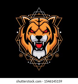Angry Tiger vector on sacred geometry background. Usable as t shirt design, poster, mascot logo, wallpaper, etc.