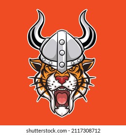 angry tiger with viking helm vector ilustration