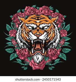 Angry tiger vintage flyer colorful with flowers around Asian wild cat showing fangs to scare prey vector illustration