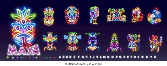 Cartel de neón de ídolos tiki enojado. Máscara tribal, diseño de cultura antigua. Señal de neón brillante nocturna, carteles coloridos, banner de luz. Ilustración vectorial al estilo neón.