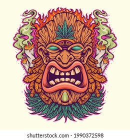 Angry Tiki Leaf Weed mascot Cannabis Smoke Vector illustrations for work Logo, mascot merchandise t-shirt, stickers and Label designs, poster, greeting cards advertising business company or brands