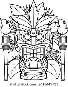 Angry Tiki Mask Coloring Page With Torches And Leaves - Vector Hand Drawn Illustration Isolated On Transparent Background