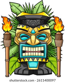 Angry Tiki Mask With Fire Torches And Jungle Leaves - Vector Hand Drawn Illustration Isolated On Transparent Background