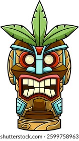 Angry Tiki Mask with Tribal Carvings and Tropical Leaves. Hawaiian Polynesian Totem Art. Vector Hand Drawn Illustration Isolated On Transparent Background