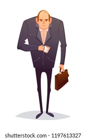 Angry, tired man in a suit goes to work. He is holding a briefcase and a cup of coffee. Vector cartoon illustration. Character design