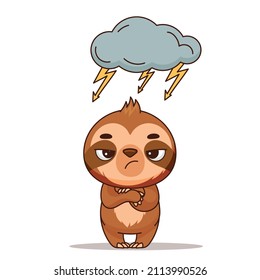 Angry and tired sloth under a thundercloud with lightning. Vector illustration for designs, prints and patterns. Vector illustration