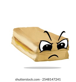 angry toast mascot illustration for design. vintage, watercolor, decorative and texture concept. food, breakfast, menu, kitchen, cooking, baker and pastry themes