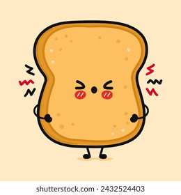 Angry Toast piece of bread character. Vector hand drawn cartoon kawaii character illustration icon. Isolated on brown background. Sad Toast slice of bread character concept