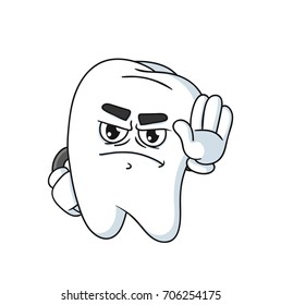 Angry tooth cartoon character showing stop hand