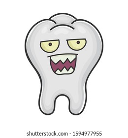 Angry tooth cartoon isolated on white