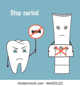 Angry tooth and toothpaste cartoon characters. Stop caries. Oral health, medical theme. Hand drawn vector illustration.