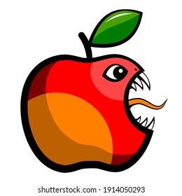 manzana de la toothy enojada. Una manzana mordida con una hoja. Ilustración vectorial.
