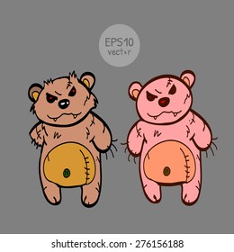 Angry toy bears. In color.