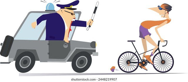 Angry traffic policeman pursues the cyclist man on the car. 
Frightened cycling man tries to ride away from the shouting angry traffic policeman, pursuing him on the police car. Isolated on white back