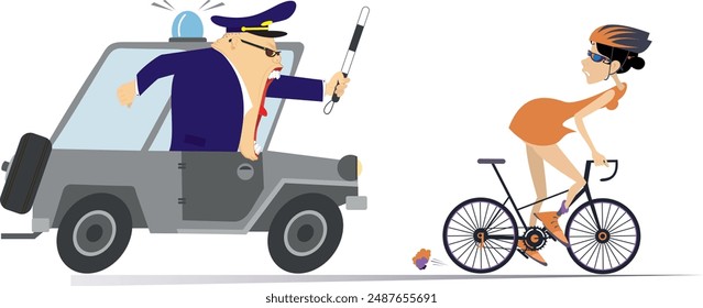 Angry traffic policeman pursues the cyclist woman on the car. 
Frightened cycling woman tries to ride away from the shouting angry traffic policeman, pursuing him on the police car. Isolated on white
