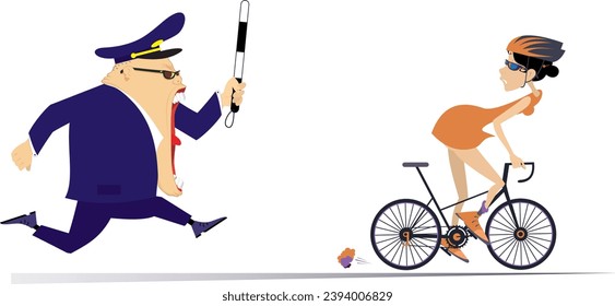 Angry traffic policeman running after cyclist woman. Frightened cycling woman trying to ride away from the shouting angry traffic policeman. Isolated on white