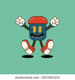 An angry trash can character with arms and legs, wearing red shoes and clenching its fists. Perfect for fun, playful designs related to cleanliness, hygiene, and waste management.