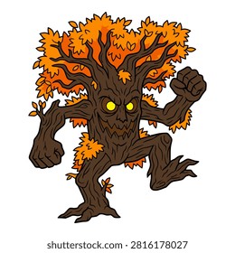 Angry tree monster, carved face, glowing yellow eyes, autumn leaves, spooky character.