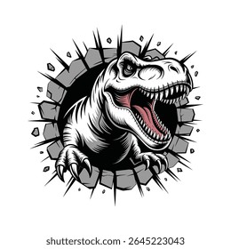 Angry T-Rex Dinosaur Breaking Through Wall Vector Illustration