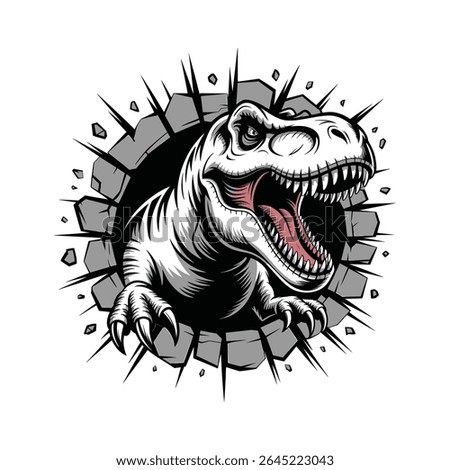Angry T-Rex Dinosaur Breaking Through Wall Vector Illustration