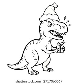 Vector de contorno de dinosaurio enojado t-rex. Reptil prehistórico sosteniendo presente. Dibujo en blanco y negro de dinosaurio cómico.