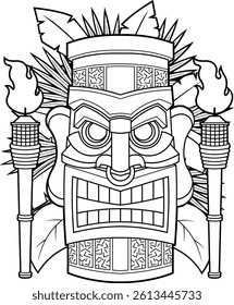 Angry Tribal Tiki Mask For Coloring Book With Torches And Leaves - Vector Hand Drawn Illustration Isolated On Transparent Background