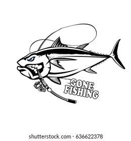 Angry tuna fish logo. Tuna fishing emblem. Big eye tuna. Angry fishing club logotype.